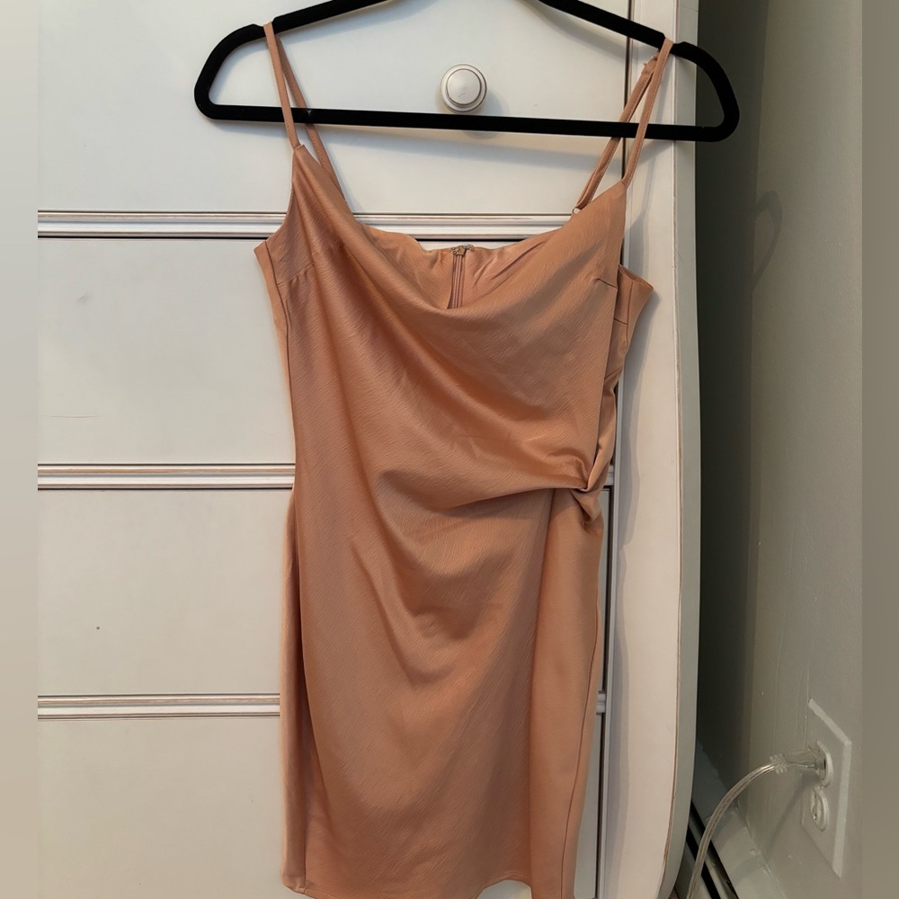 Tan mini dress with side slit